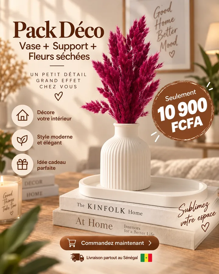 Pack Déco : vase en céramique striée blanc, support ovale et bouquet de fleurs séchées fuchsia — 10 900 FCFA