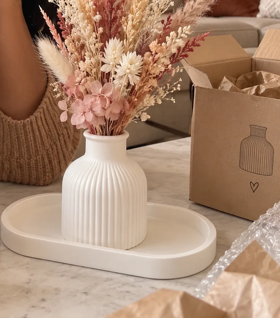 Le pack complet : le vase en céramique striée, son bouquet de fleurs séchées et le support ovale